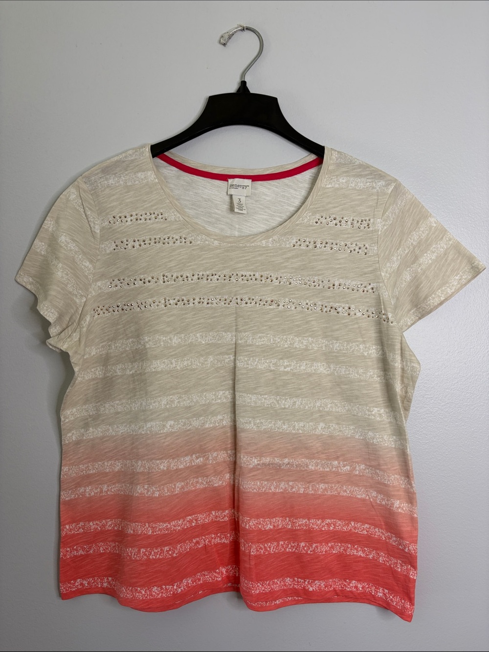 Zenergy By Chico’s Cream to Coral Gradient Short Sleeve Tee Size 3